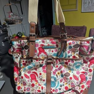 Lilly Bloom Floral Canvas Tote Bag with Brown Trim - Multicolor 13Lx4.5W*12H EUC